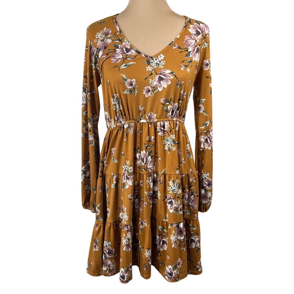 Hem & Thread Tiered Mini Dress Gold Floral S Small Long Sleeve